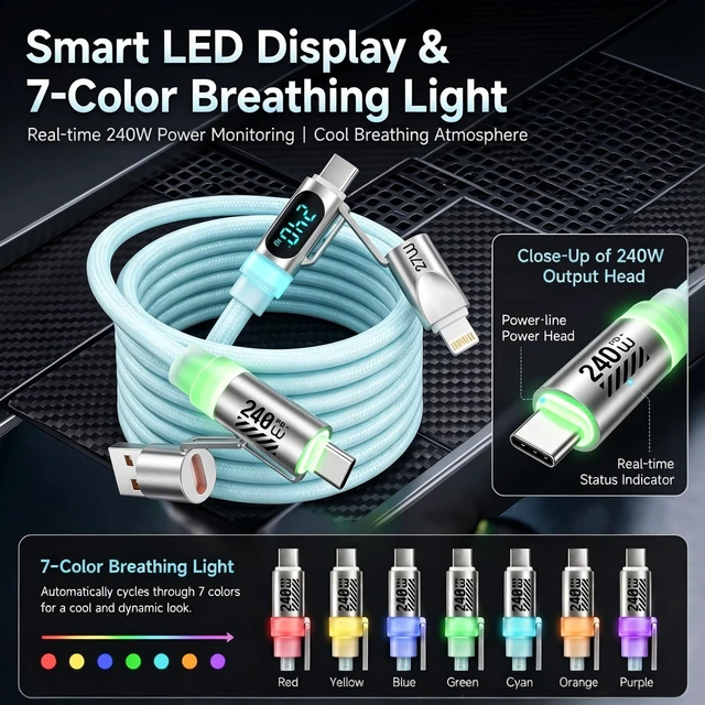 Alt view image 6 of 7 - 240W USB C Cable 4 in 1,Smart Display & Light, Fast Charge Cable,Liquid Silicone Braided,E-Mark Chip 6FT for iPhone 17/Samsung S26/MacBook/iPad/CarPlay, Office Travel Car Gaming