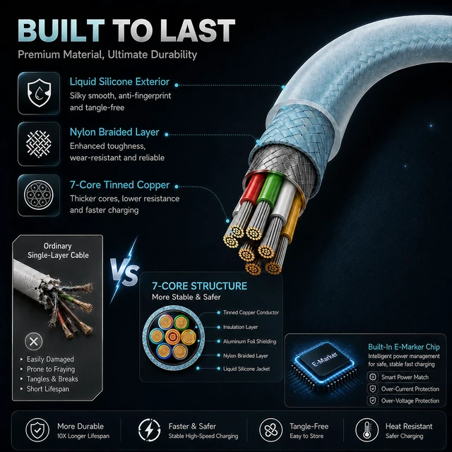 Alt view image 3 of 7 - 240W USB C Cable 4 in 1,Smart Display & Light, Fast Charge Cable,Liquid Silicone Braided,E-Mark Chip 6FT for iPhone 17/Samsung S26/MacBook/iPad/CarPlay, Office Travel Car Gaming