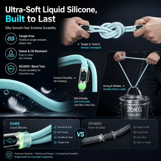 Alt view image 4 of 7 - 240W USB C Cable 4 in 1,Smart Display & Light, Fast Charge Cable,Liquid Silicone Braided,E-Mark Chip 6FT for iPhone 17/Samsung S26/MacBook/iPad/CarPlay, Office Travel Car Gaming