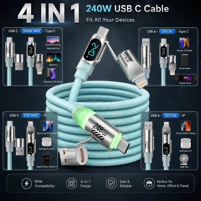 Alt view image 2 of 7 - 240W USB C Cable 4 in 1,Smart Display & Light, Fast Charge Cable,Liquid Silicone Braided,E-Mark Chip 6FT for iPhone 17/Samsung S26/MacBook/iPad/CarPlay, Office Travel Car Gaming