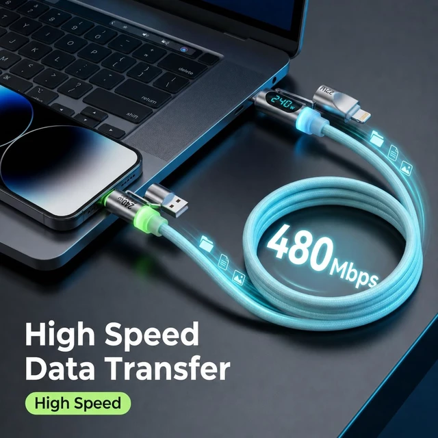 Alt view image 5 of 7 - 240W USB C Cable 4 in 1,Smart Display & Light, Fast Charge Cable,Liquid Silicone Braided,E-Mark Chip 6FT for iPhone 17/Samsung S26/MacBook/iPad/CarPlay, Office Travel Car Gaming
