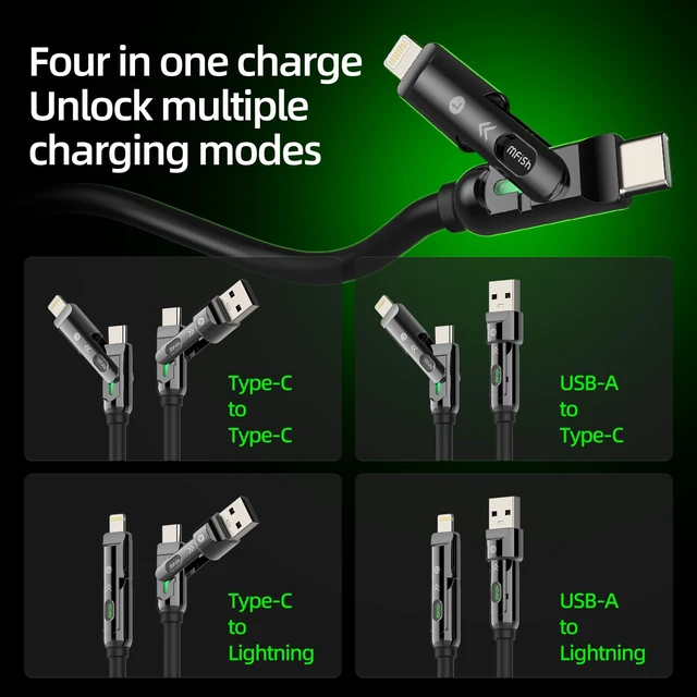 Alt view image 3 of 7 - USB C to USB C Cable, 240W 4 in 1 Charging Cable, Black, 6.6FT | Carrying Case, USB-A & USB-C to USB-C/Lightning, For iPhone 17/16/15/14, MacBook, iPad, Laptop, Samsung S25/S24