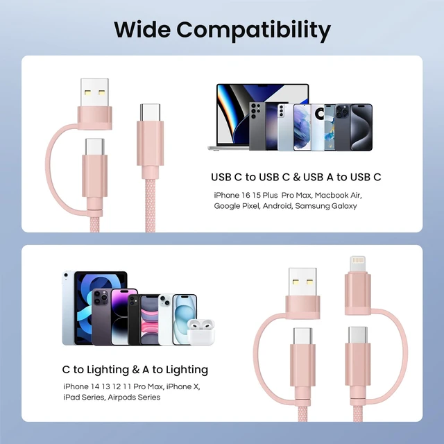 Alt view image 7 of 7 - 4 in 1 USB C to USB C Cable 10ft for iPhone 18 17 16 15 Pro Max | 60W Fast Charging Multi Charger Cord with USBA Adapter/iOS/Type C for MacBook Pro,iPad mini 7 Air 4 5,S25 S24 S23 S22 S20