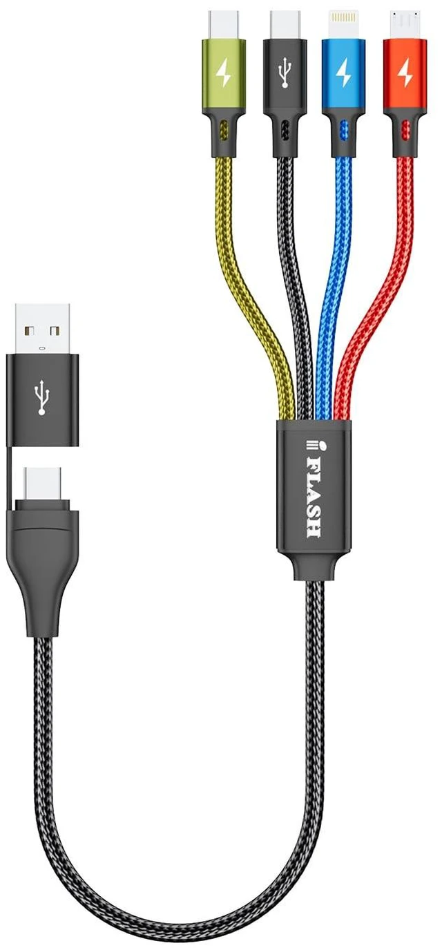Main image of USB A/C to 4in1 Multi Port Charging Cable Cord, Nylon Braided - Compatible with Galaxy S25 S24 S20 Note, Android, iPhone 17 16 15 14 13 XS MAX XR X 8 7 Plus iPad Pro Air Mini (1.5FT Black)