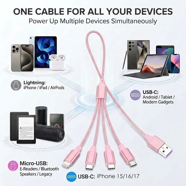 Alt view image 2 of 7 - 4 in 1 Multi Charging Cable 4ft 2 Pack,Braided MFi Certified Charger Cable | Nylon Braided iPhone Charger,Universal Phone Cord with Type-C,Micro USB,IP for iPhone17-5/Android