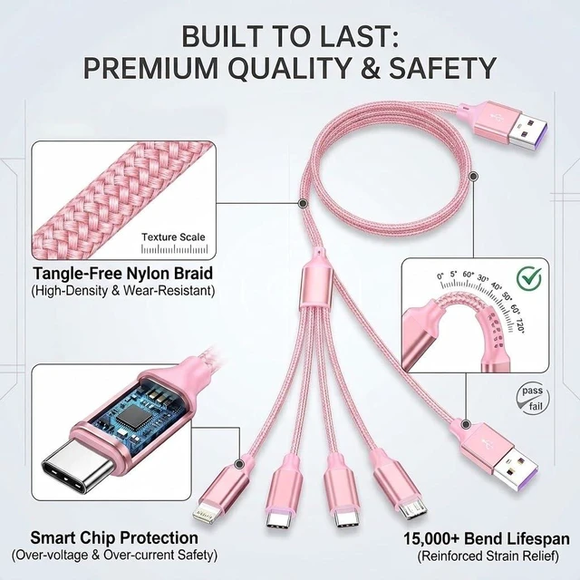 Alt view image 4 of 7 - 4 in 1 Multi Charging Cable 4ft 2 Pack,Braided MFi Certified Charger Cable | Nylon Braided iPhone Charger,Universal Phone Cord with Type-C,Micro USB,IP for iPhone17-5/Android