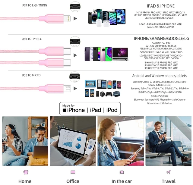 Alt view image 5 of 7 - 4 in 1 Multi Charging Cable 4ft 2 Pack,Braided MFi Certified Charger Cable | Nylon Braided iPhone Charger,Universal Phone Cord with Type-C,Micro USB,IP for iPhone17-5/Android
