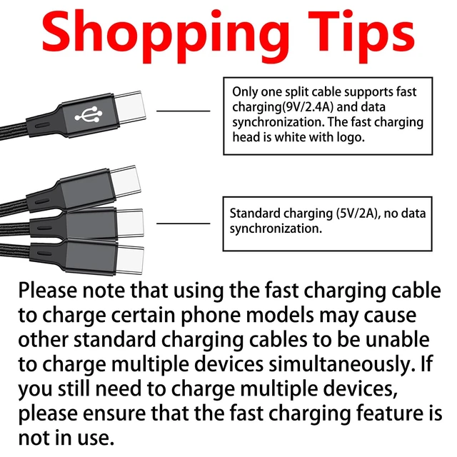Alt view image 2 of 7 - USB C Multi Charging Cable, 4FT 2Pack, 4 in 2, USB-A+USB-C to 4 USB-C Connectors, Multiple USB Type C Splitter Cords for iPhone 16/15 Pro Max, iPad Air/Pro, Samsung Galaxy, Google Pixel, Android, PS5