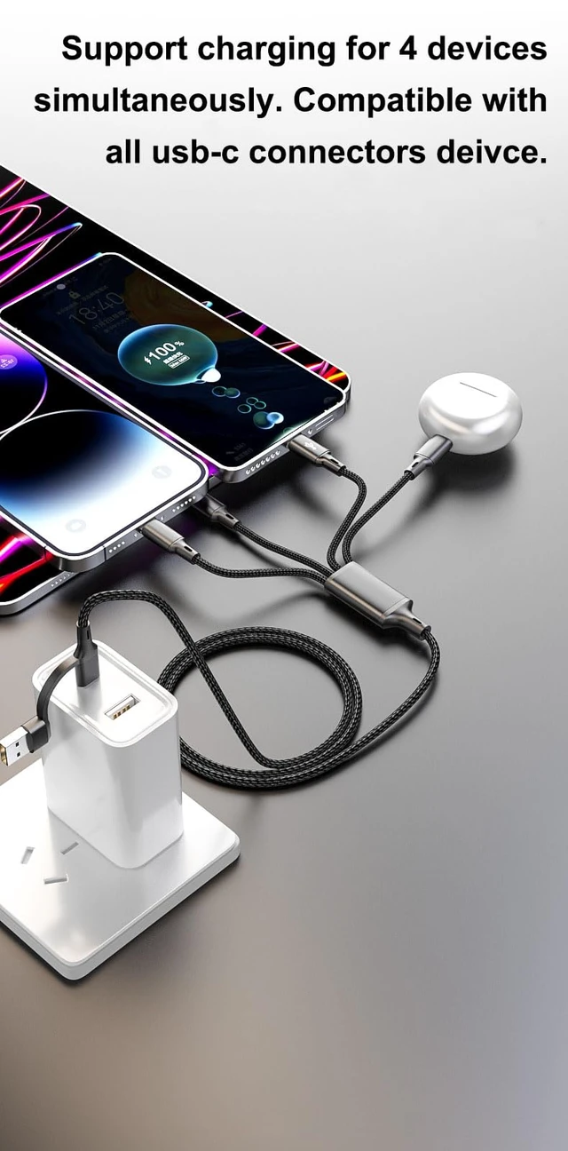 Alt view image 3 of 7 - USB C Multi Charging Cable, 4FT 2Pack, 4 in 2, USB-A+USB-C to 4 USB-C Connectors, Multiple USB Type C Splitter Cords for iPhone 16/15 Pro Max, iPad Air/Pro, Samsung Galaxy, Google Pixel, Android, PS5