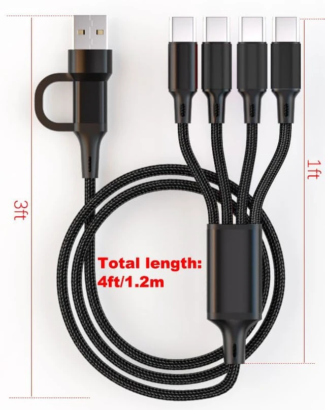 Alt view image 6 of 7 - USB C Multi Charging Cable, 4FT 2Pack, 4 in 2, USB-A+USB-C to 4 USB-C Connectors, Multiple USB Type C Splitter Cords for iPhone 16/15 Pro Max, iPad Air/Pro, Samsung Galaxy, Google Pixel, Android, PS5