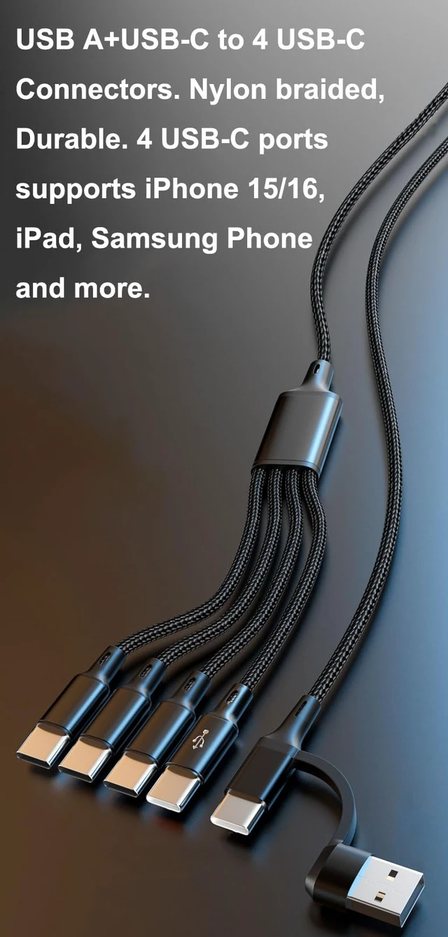 Alt view image 4 of 7 - USB C Multi Charging Cable, 4FT 2Pack, 4 in 2, USB-A+USB-C to 4 USB-C Connectors, Multiple USB Type C Splitter Cords for iPhone 16/15 Pro Max, iPad Air/Pro, Samsung Galaxy, Google Pixel, Android, PS5