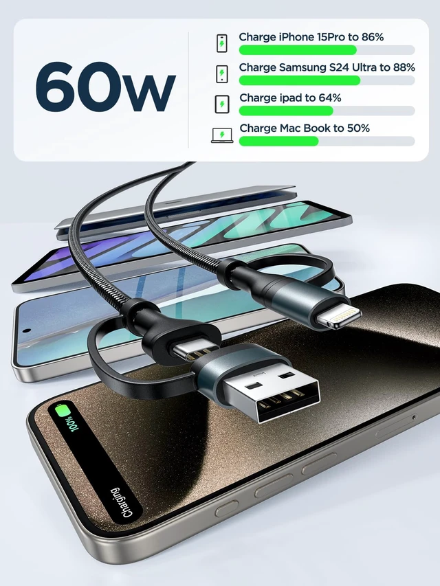 Alt view image 2 of 7 - 4 in 1 Charging Cable 6.6FT, 60W USB C to Lightning Cable, USB A/C to C/Lightning Multi Charging Cable Fast Charging for iPhone 17Air 16 15 14 13 12 Pro Max/MacBook Pro/iPad/Samsung S25 S24/ Switch 2