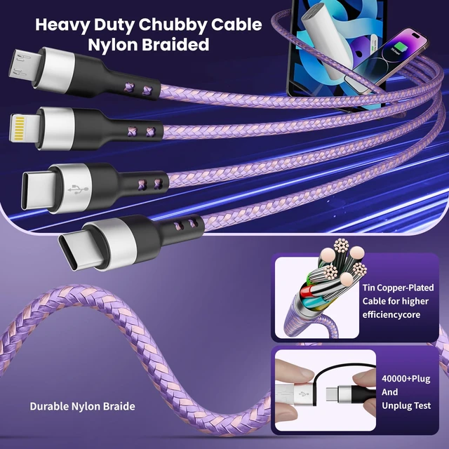 Alt view image 4 of 7 - Dual Type-C 4 in 2 Multi Charging Cable, USB A/C to Dual USB C/IP/Micro USB | Travel Essential for Airplane & Cruise, Chargers for Multi Devices,Compatible for iPhone 17-8, Android/Galaxy/Tablet-5FT