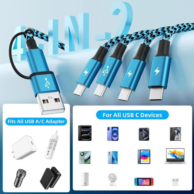 Alt view image 2 of 7 - 4 in 2 USB C Splitter Charging Cords,Universal Charging Cable,1Pack 5FT | Four Type C Ports Mulit Charging Cable,Travle Charger Cord for iPhone 15-17/Galaxy/Tablets/PS,1Pack 5FT,Blue