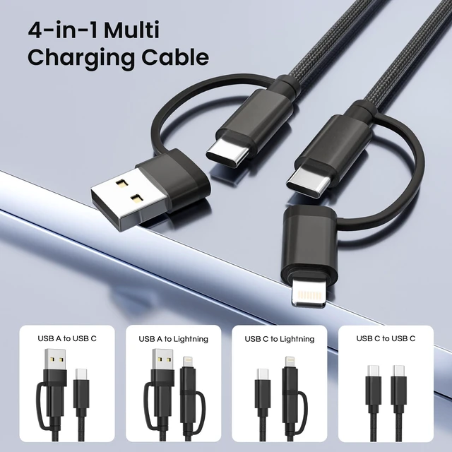 Alt view image 3 of 7 - 4 in 1 USB C Charger Cable for Samsung Galaxy S25 S24 Plus Ultra | 60W Fast Charging Multi Charger Cord with USB A Converter/iOS/Type C for iPhone 18 17 16 15 Pro,iPad Air 4 5,A42 A51 A72,10ft