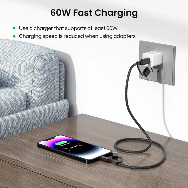 Alt view image 4 of 7 - 4 in 1 USB C Charger Cable for Samsung Galaxy S25 S24 Plus Ultra | 60W Fast Charging Multi Charger Cord with USB A Converter/iOS/Type C for iPhone 18 17 16 15 Pro,iPad Air 4 5,A42 A51 A72,10ft