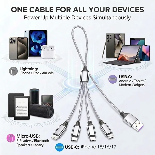 Alt view image 2 of 7 - 4 in 1 Multi Charging Cable 4ft 2 Pack,Braided MFi Certified Charger Cable | Nylon Braided iPhone Charger,Universal Phone Cord with Type-C,Micro USB,IP for iPhone17-5/Android