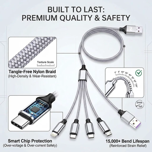 Alt view image 4 of 7 - 4 in 1 Multi Charging Cable 4ft 2 Pack,Braided MFi Certified Charger Cable | Nylon Braided iPhone Charger,Universal Phone Cord with Type-C,Micro USB,IP for iPhone17-5/Android