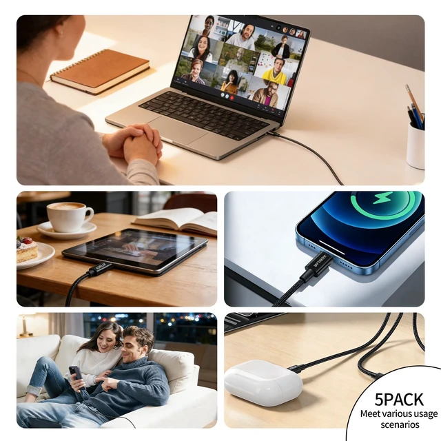 Alt view image 5 of 5 - USB C to USB C Cable, 100W 5A Super Fast Charging, PD 3.0, Type C to Type C, 5-Pack (5ft,), for iPhone 17/16 Pro Max, iPad Pro,Samsung Galaxy S25/24
