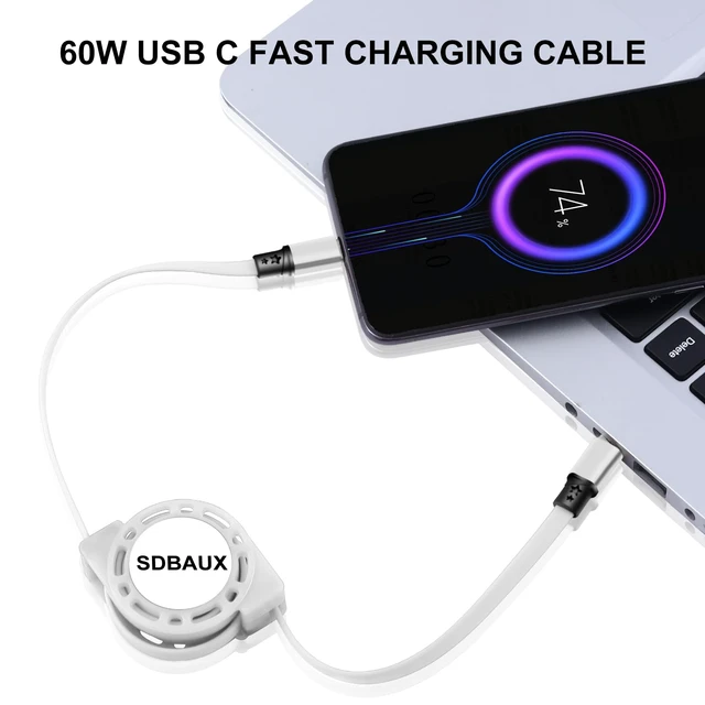Alt view image 2 of 6 - USB C Cable,60W Retractable C to C Fast Charging Cable,Type C Charger Cord for iPhone 17 16 15 Pro Max, iPad Air 4, Galaxy S24 S23 Android iOS Type C Cell Phones Tablets Universal Use (2Pack/White)