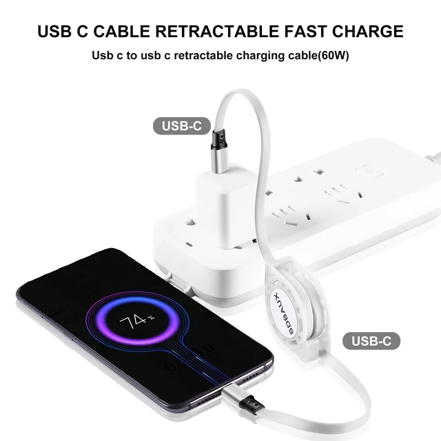 Alt view image 4 of 6 - USB C Cable,60W Retractable C to C Fast Charging Cable,Type C Charger Cord for iPhone 17 16 15 Pro Max, iPad Air 4, Galaxy S24 S23 Android iOS Type C Cell Phones Tablets Universal Use (2Pack/White)