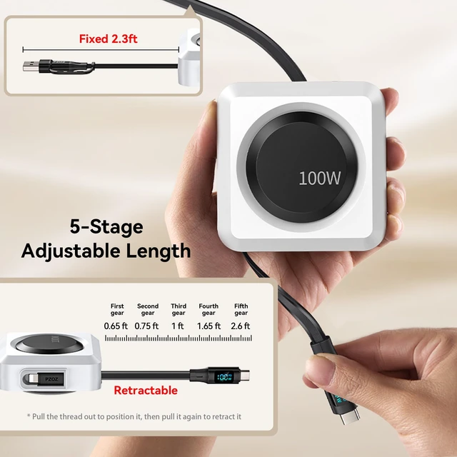 Alt view image 2 of 6 - Retractable USB C Cable, 100W PD Cord with LED Display & Organizer | Retractable design with adjustable lengths, 480Mbps data transfer and cable management for iPhone, Samsung and MacBook