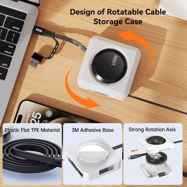 Alt view image 3 of 6 - Retractable USB C Cable, 100W PD Cord with LED Display & Organizer | Retractable design with adjustable lengths, 480Mbps data transfer and cable management for iPhone, Samsung and MacBook