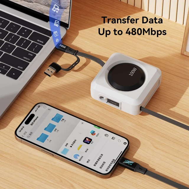 Alt view image 5 of 6 - Retractable USB C Cable, 100W PD Cord with LED Display & Organizer | Retractable design with adjustable lengths, 480Mbps data transfer and cable management for iPhone, Samsung and MacBook