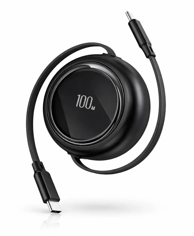 Main image of Black Retractable USB C to USB C Cable, 100W Fast Charging Type C Phone Charger Cord, Cute for Car and Travel, up to 3.3 ft