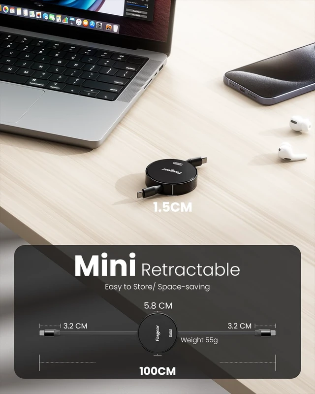 Alt view image 6 of 6 - Retractable USB C Cable 240W, 3.3ft, Black | 480Mbps Data Transfer, 5A Fast Charging, 4-Stretch Length, Compatible with i-Phone 18 17 16 Mac-book Pro