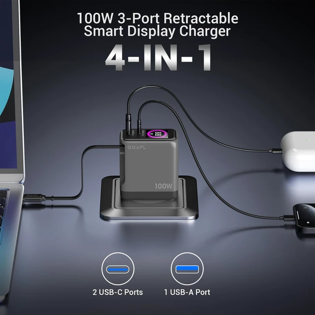 Alt view image 2 of 7 - 100W Retractable USB C Wall Charger,3-Port Gan Charger with Display | Built-in Cable, PD3.2 AVS PPS Super Fast Charging for iPhone 18/17/16, Macbook Pro/Air Laptop, Samsung Galaxy(Non-Battery)