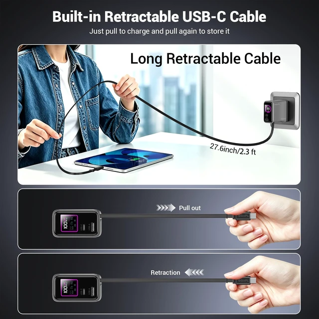 Alt view image 3 of 7 - 100W Retractable USB C Wall Charger,3-Port Gan Charger with Display | Built-in Cable, PD3.2 AVS PPS Super Fast Charging for iPhone 18/17/16, Macbook Pro/Air Laptop, Samsung Galaxy(Non-Battery)