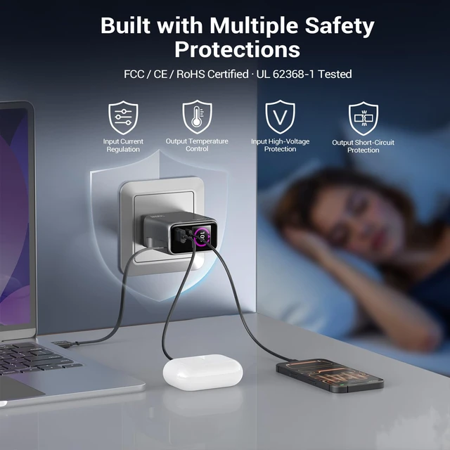 Alt view image 6 of 7 - 100W Retractable USB C Wall Charger,3-Port Gan Charger with Display | Built-in Cable, PD3.2 AVS PPS Super Fast Charging for iPhone 18/17/16, Macbook Pro/Air Laptop, Samsung Galaxy(Non-Battery)