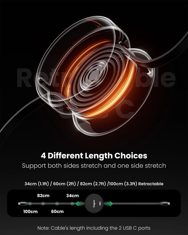 Alt view image 3 of 6 - Retractable USB C Cable 240W, 3.3ft, Black | 480Mbps Data Transfer, 5A Fast Charging, 4-Stretch Length, Compatible with i-Phone 18 17 16 Mac-book Pro