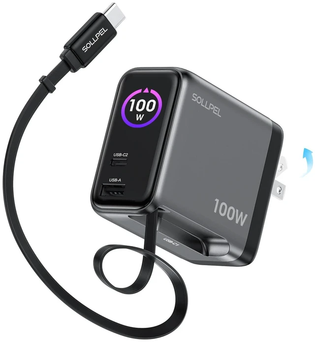 Main image of 100W GaN USB C Retractable Charger with Smart Display&Touch Control | PD PPS Fast Charging Wall Adapter,Compact 3-Port Foldable,for MacBook Pro/Air, iPhone 18/17, Galaxy S26, Pixel, iPad