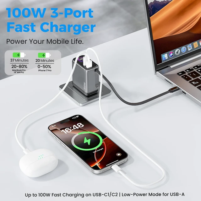 Alt view image 2 of 7 - 100W GaN USB C Retractable Charger with Smart Display&Touch Control | PD PPS Fast Charging Wall Adapter,Compact 3-Port Foldable,for MacBook Pro/Air, iPhone 18/17, Galaxy S26, Pixel, iPad