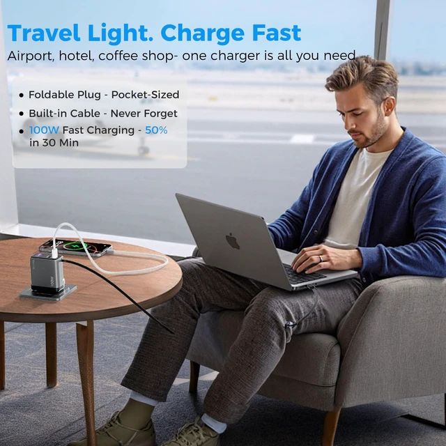 Alt view image 7 of 7 - 100W GaN USB C Retractable Charger with Smart Display&Touch Control | PD PPS Fast Charging Wall Adapter,Compact 3-Port Foldable,for MacBook Pro/Air, iPhone 18/17, Galaxy S26, Pixel, iPad