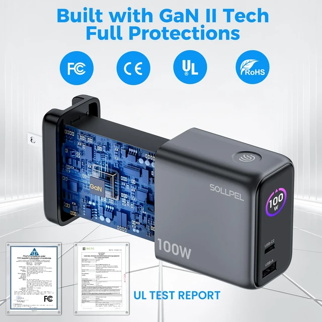 Alt view image 5 of 7 - 100W GaN USB C Retractable Charger with Smart Display&Touch Control | PD PPS Fast Charging Wall Adapter,Compact 3-Port Foldable,for MacBook Pro/Air, iPhone 18/17, Galaxy S26, Pixel, iPad