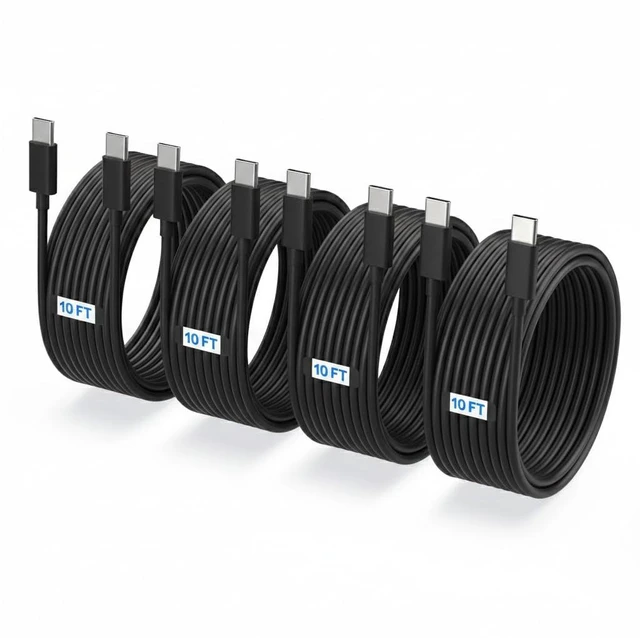 Main image of 4-Pack 10ft USB-C to USB-C Fast Charging Cables Cord (100W/5A) - Black | Durable Cord Compatible with Samsung Galaxy S26, S25, S24, S23 & iPhone 18 Pro, 17, 16, Extra Long for Home, Office, & Travel