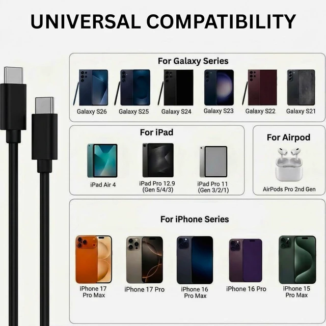 Alt view image 3 of 6 - 4-Pack 10ft USB-C to USB-C Fast Charging Cables Cord (100W/5A) - Black | Durable Cord Compatible with Samsung Galaxy S26, S25, S24, S23 & iPhone 18 Pro, 17, 16, Extra Long for Home, Office, & Travel