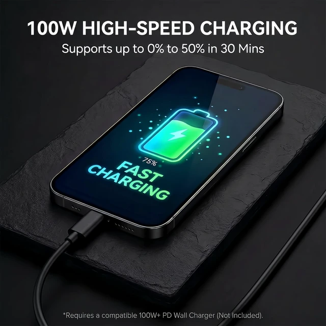 Alt view image 6 of 6 - 4-Pack 10ft USB-C to USB-C Fast Charging Cables Cord (100W/5A) - Black | Durable Cord Compatible with Samsung Galaxy S26, S25, S24, S23 & iPhone 18 Pro, 17, 16, Extra Long for Home, Office, & Travel