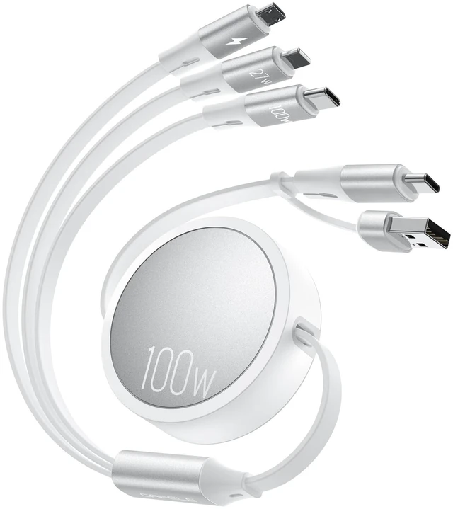 Main image of 100W Multi Charging Cable, 6-in-1 Retractable USB C/A Cable, 5A Fast Charger Cord for Multiple Devices with Type C/L/Micro Ports for Phone 17 16 15 14 Pro Max, S24/S23, MBook, Pad (3.6ft) White