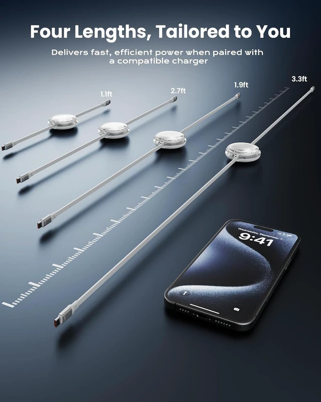Alt view image 3 of 7 - Basix 100W Retractable USB-C Cable, Fast Charging USB C-to-C Cable with 4 Adjustable Cable Lengths, USB C Cable for iPhone 17/17 Air/17 Pro/Pro Max, 16, 15 Series, Samsung S24/23+