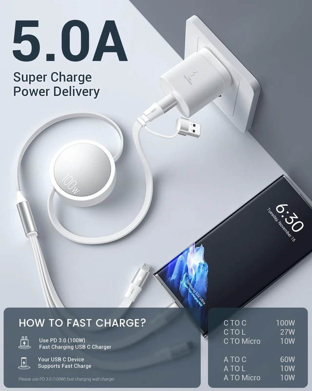 Alt view image 3 of 7 - 100W Multi Charging Cable, 6-in-1 Retractable USB C/A Cable, 5A Fast Charger Cord for Multiple Devices with Type C/L/Micro Ports for Phone 17 16 15 14 Pro Max, S24/S23, MBook, Pad (3.6ft) White