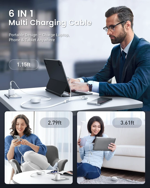 Alt view image 7 of 7 - 100W Multi Charging Cable, 6-in-1 Retractable USB C/A Cable, 5A Fast Charger Cord for Multiple Devices with Type C/L/Micro Ports for Phone 17 16 15 14 Pro Max, S24/S23, MBook, Pad (3.6ft) White