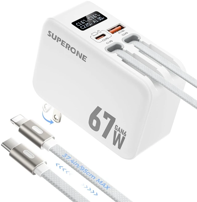 Main image of 67W Retractable Wall Charger with 3.3ft Nylon USB C & Apple Cables | Smart Display, Fast Charging, 4 in 1 Retractable Charger, Foldable Plug, Travel, for MacBook/Samsung/iPhone 17 16 15 14