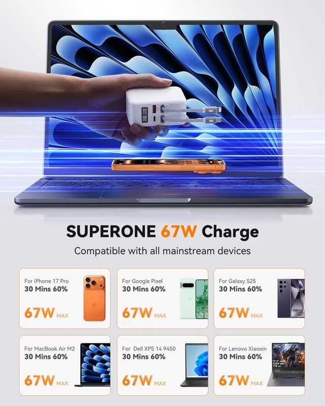 Alt view image 3 of 7 - 67W Retractable Wall Charger with 3.3ft Nylon USB C & Apple Cables | Smart Display, Fast Charging, 4 in 1 Retractable Charger, Foldable Plug, Travel, for MacBook/Samsung/iPhone 17 16 15 14
