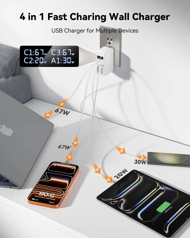 Alt view image 4 of 7 - 67W Retractable Wall Charger with 3.3ft Nylon USB C & Apple Cables | Smart Display, Fast Charging, 4 in 1 Retractable Charger, Foldable Plug, Travel, for MacBook/Samsung/iPhone 17 16 15 14