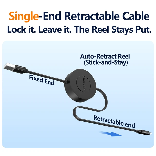Alt view image 2 of 7 - 1.6ft Fixed / 2.3ft Extend Single-End Retractable USB C Cable | Desk-Mounted, Pocket Size, 3A Fast Type C Phone Charger for iPhone 17 16 15, Samsung S20 S10, Android, Cord Organizer
