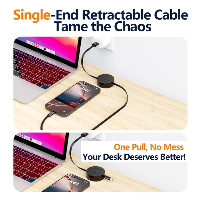 Alt view image 3 of 7 - 1.6ft Fixed / 2.3ft Extend Single-End Retractable USB C Cable | Desk-Mounted, Pocket Size, 3A Fast Type C Phone Charger for iPhone 17 16 15, Samsung S20 S10, Android, Cord Organizer